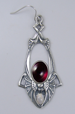 Sterling Silver Dramatic Art Deco Drop Dangle Earrings With Garnet And Rainbow Moonstone